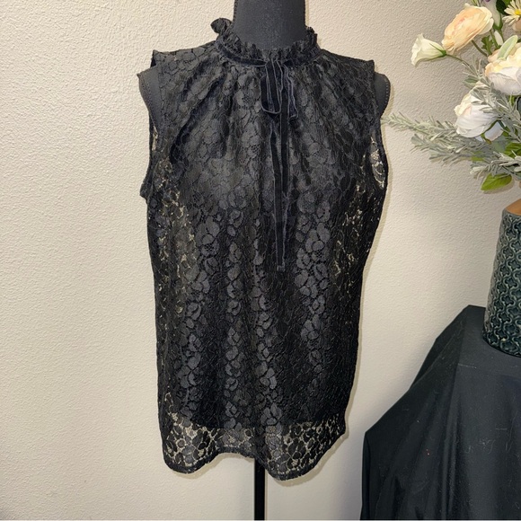 Worthington Tops - Worthington Black Lace Sleeveless Blouse Ruffle Neck Sheer Floral L